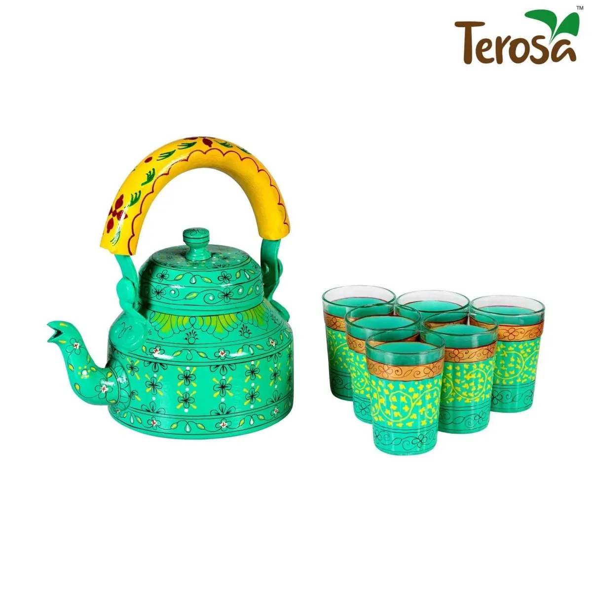 Serene Kettle Set II with 6 Glasses & Holder Handicraft Decorative Tea Coffee Set