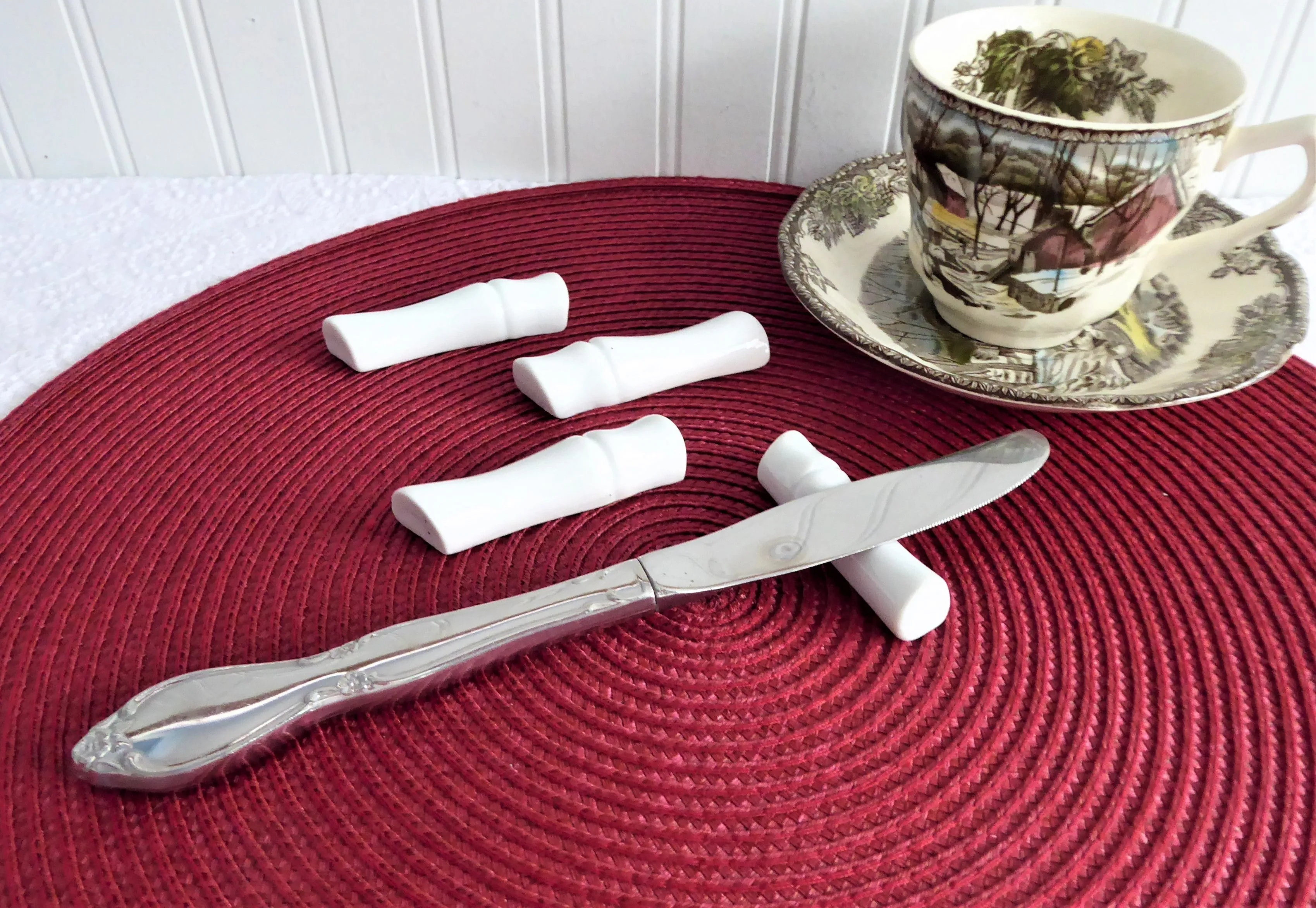 Set Of 4 Kniferests White Porcelain Bamboo Sections Design 1980s Figural