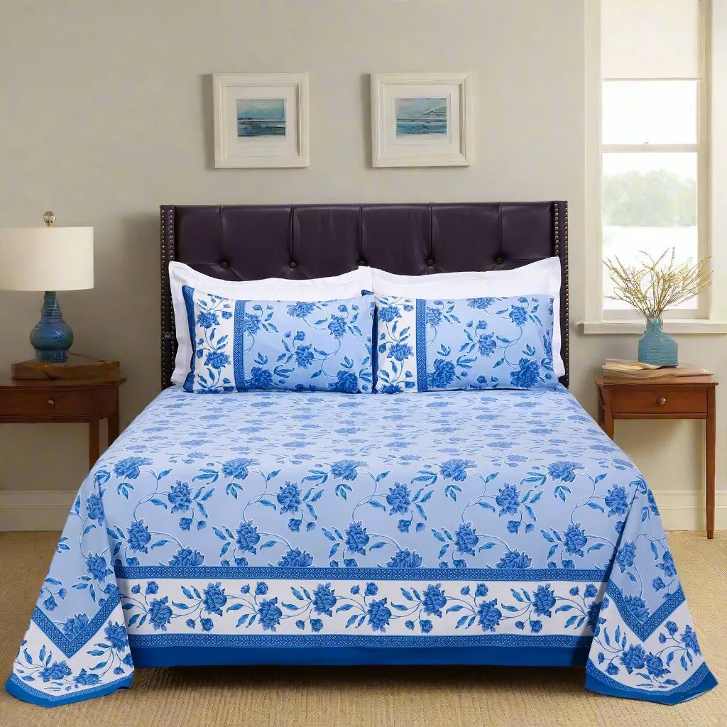 Suhana Floral Summer Blue Cotton  Bedsheet