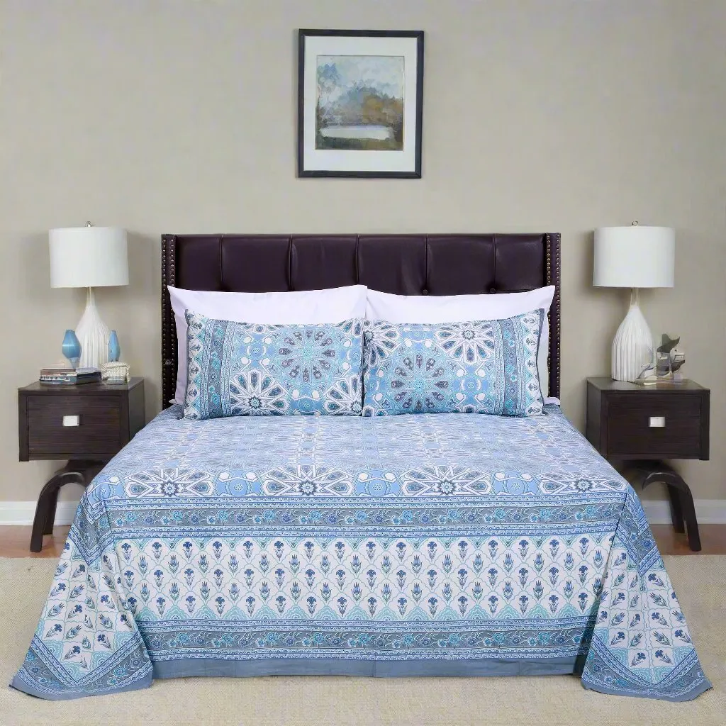 Summer Blossom Blue Cotton Bedsheet