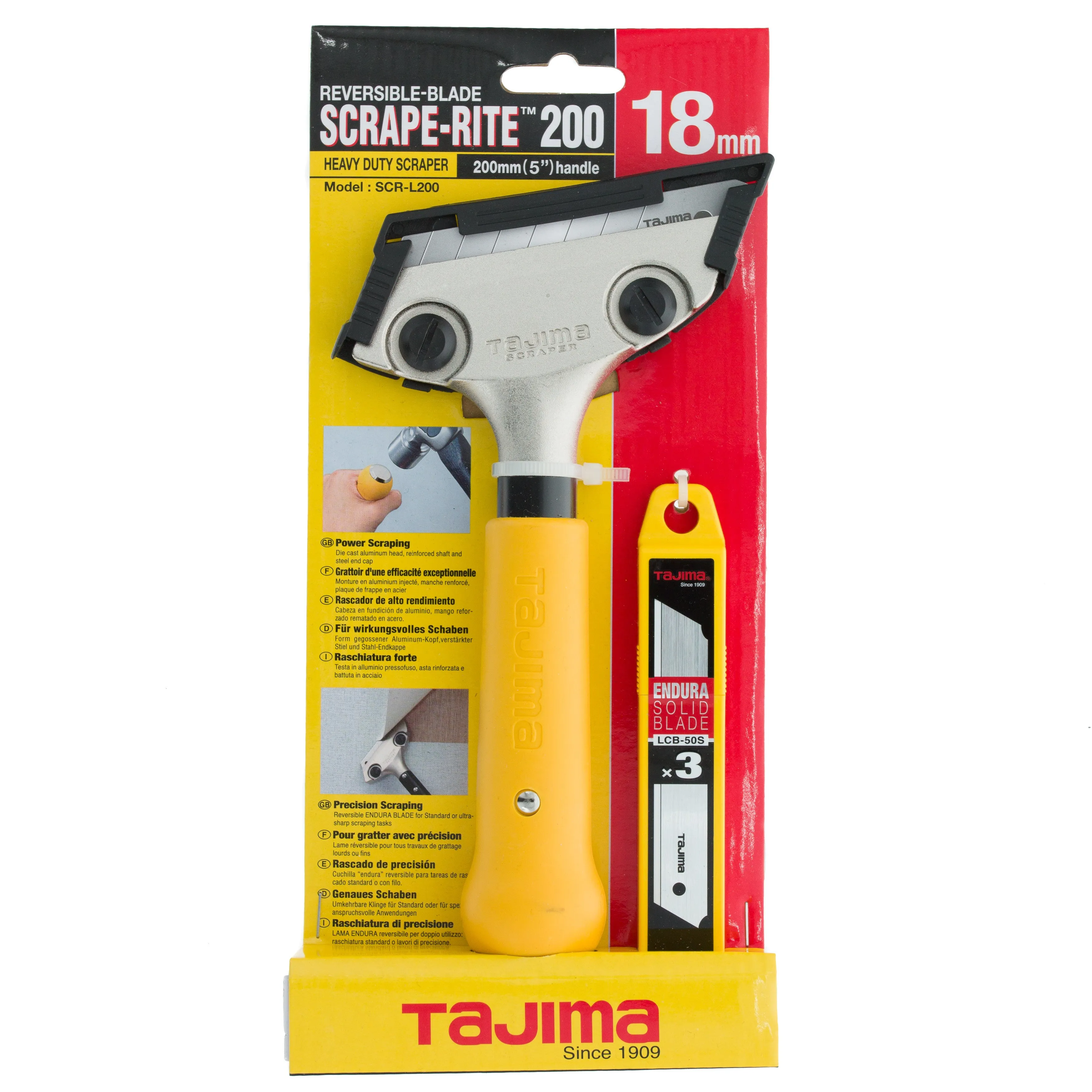 Tajima Scrape-Rite Scraper with a Professional Heavy Duty Handle and 3 Endura Solid 18MM Blades 200MM