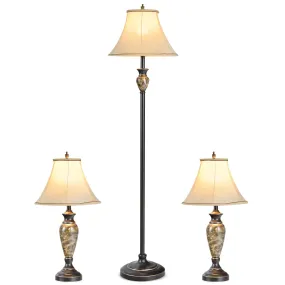 Tangkkula Table and Floor Lamp Set, 3-Piece Traditional Style Lamp Set with Linen Fabric Lamp Shades and Weighted Bases for Living Room