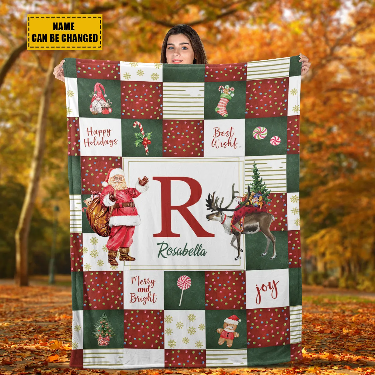 Teesdily | Custom Christmas Monogrammed Blanket Family Adults Kids Personalized Soft Cozy Sherpa Vintage Santa Name Blanket Xmas Holiday Blanket Gift