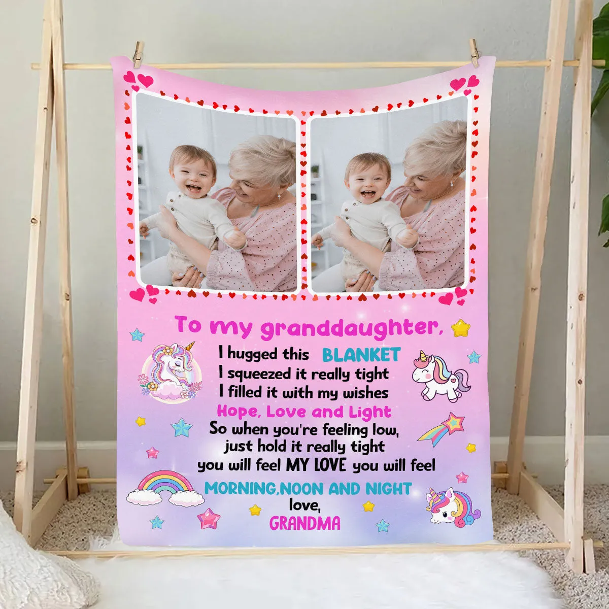 Teesdily | Granddaughter Customized Photo Fleece Blanket, Unicorn Throw Blanket, Granddaughter Love Letter Blanket From Grandma, Granddaughter Gifts