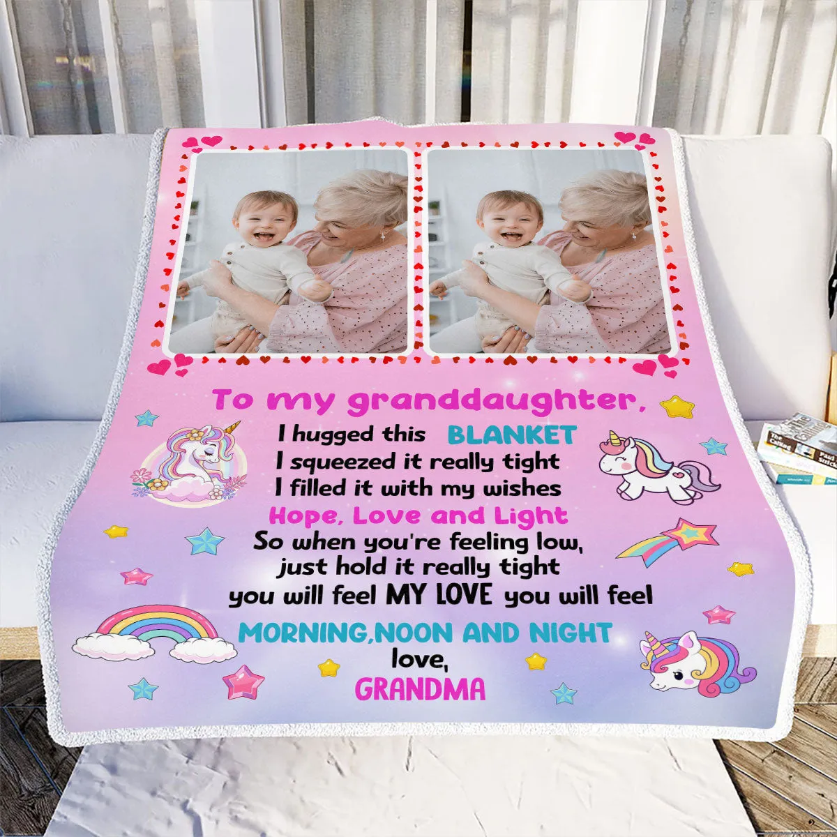 Teesdily | Granddaughter Customized Photo Fleece Blanket, Unicorn Throw Blanket, Granddaughter Love Letter Blanket From Grandma, Granddaughter Gifts