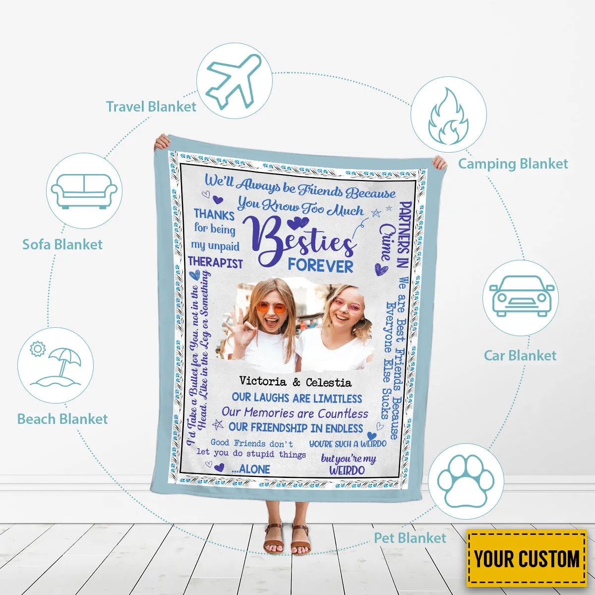 Teesdily | Personalized Besties Forever Fleece Blanket With Photo To My Best Friends Travel Blanket Inspirational Gift For Bff Besties Friendship Day