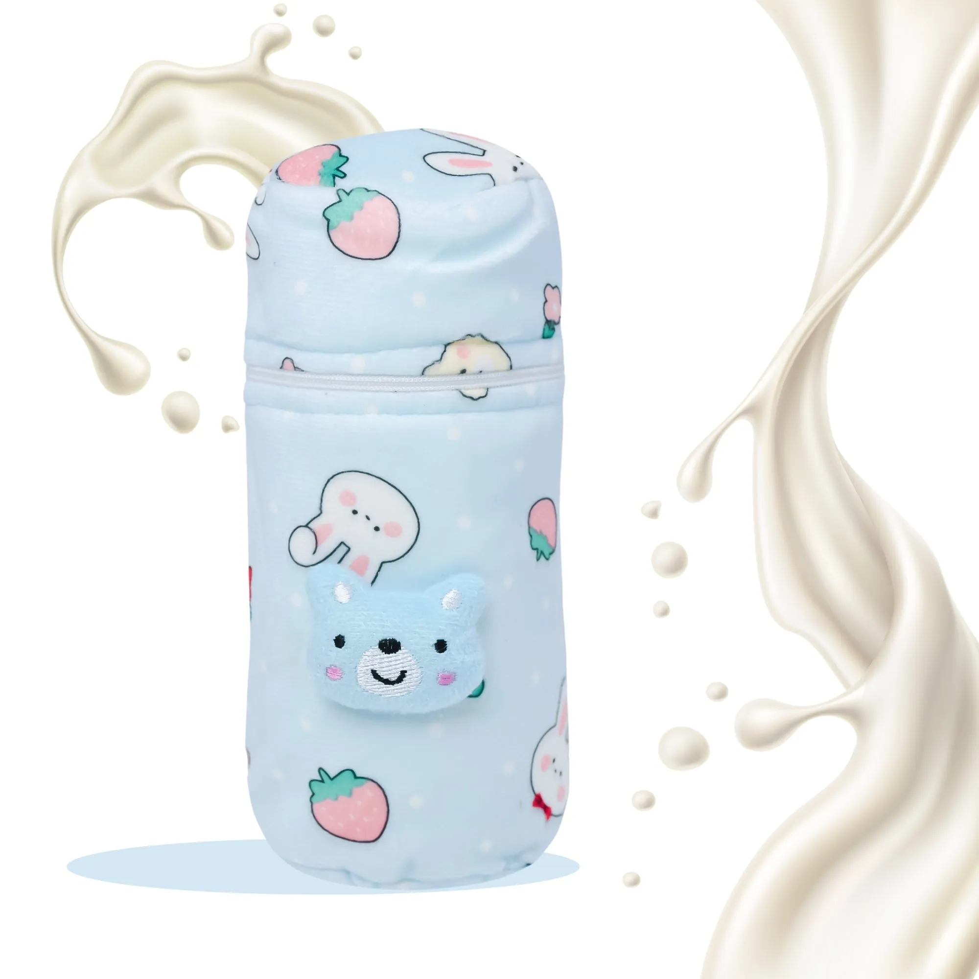 THE LITTLE LOOKERS Soft Plush Stretchable Baby Feeding Bottle Cover with Easy to Hold Strap and Zip l Feeding Bottles Cover