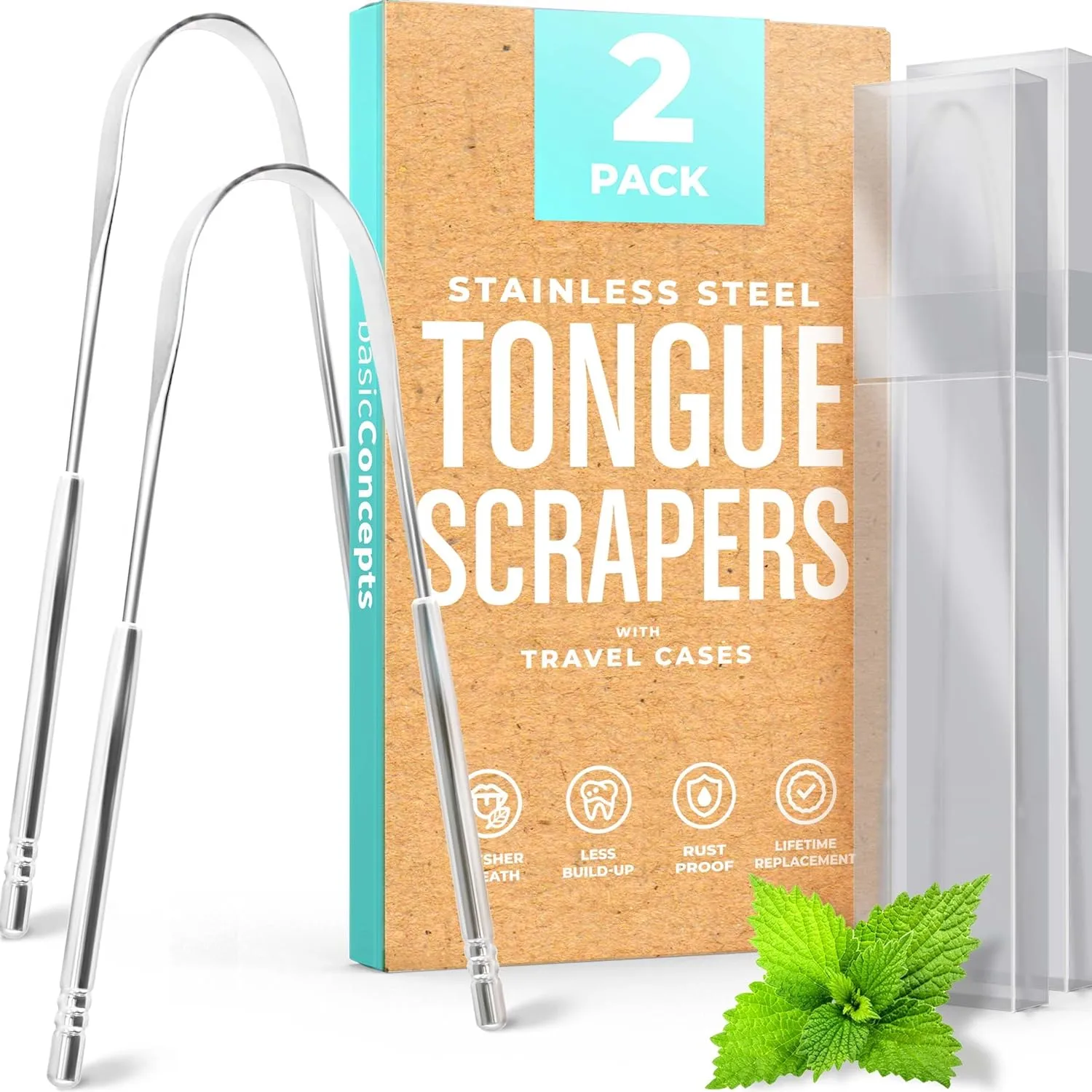 Tongue Scraper for Adults (2 Pack), Reduce Bad Breath (Travel Cases Included), Stainless Steel Tongue Cleaners, 100% Metal Tongue Scraper with Case Fresh Breath Tongue Cleaner Oral