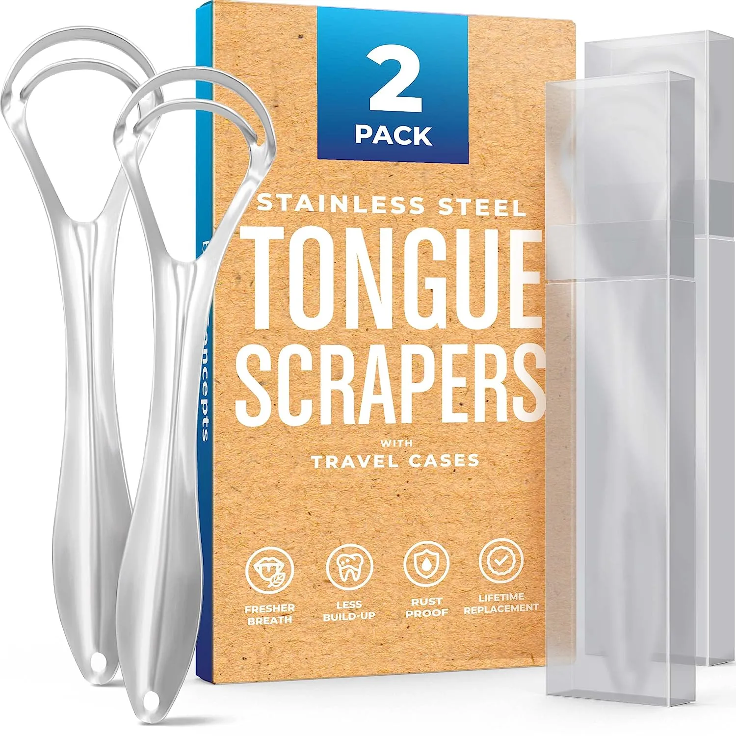 Tongue Scraper for Adults (2 Pack), Reduce Bad Breath (Travel Cases Included), Stainless Steel Tongue Cleaners, 100% Metal Tongue Scraper with Case Fresh Breath Tongue Cleaner Oral