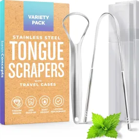 Tongue Scraper for Adults (2 Pack), Reduce Bad Breath (Travel Cases Included), Stainless Steel Tongue Cleaners, 100% Metal Tongue Scraper with Case Fresh Breath Tongue Cleaner Oral