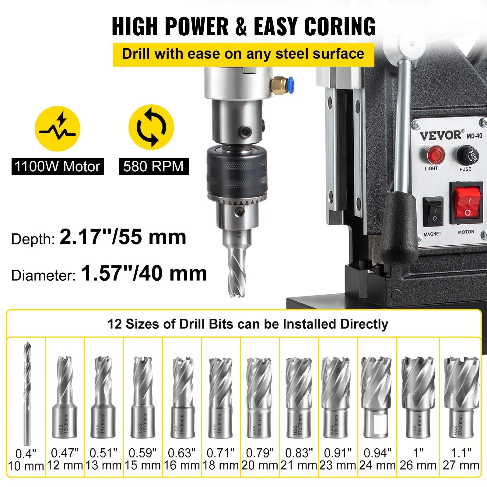 Vevor Magnetic Drill 1.57" Boring Diameter with 12 Drilling Bits 580RPM 1100W New