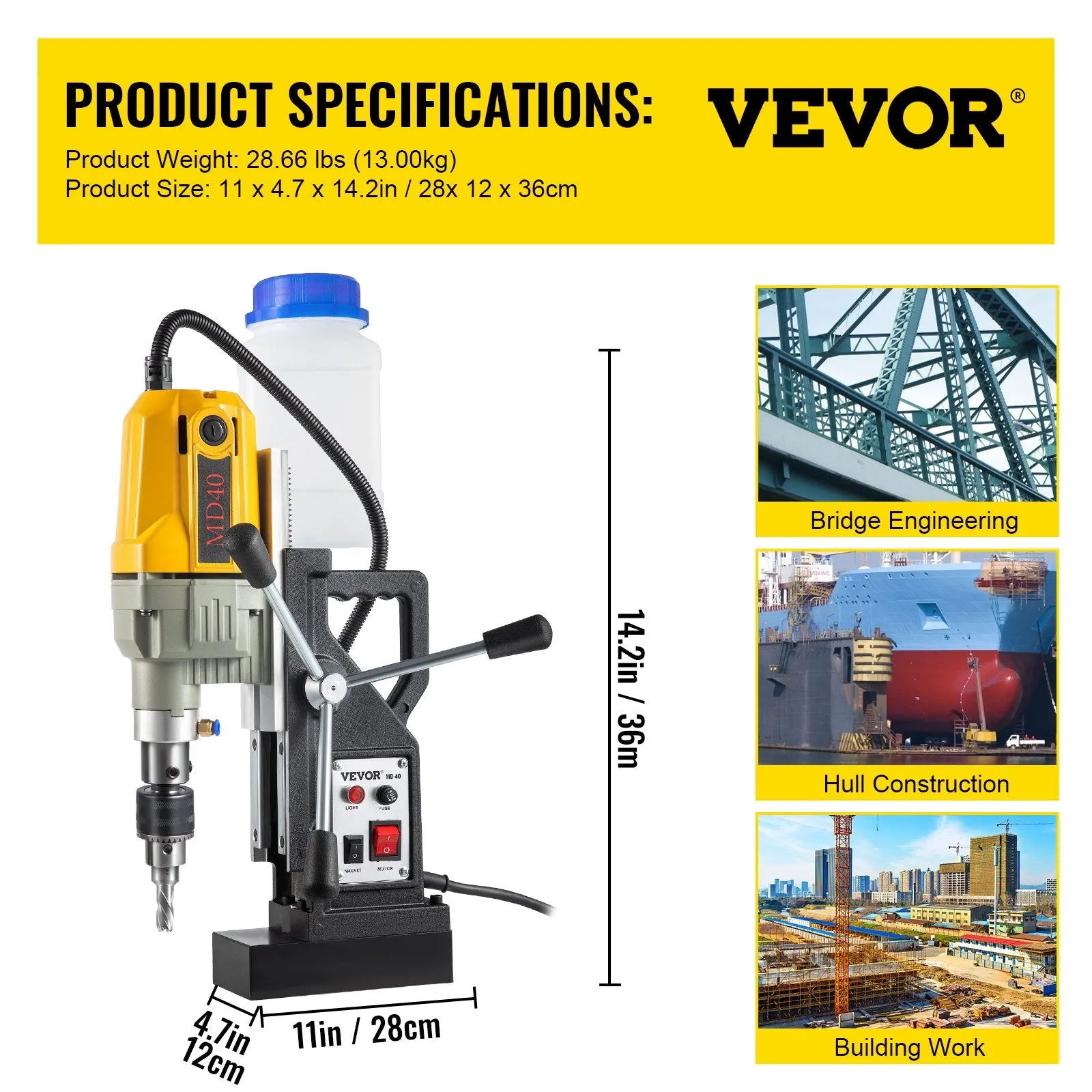 Vevor Magnetic Drill 1.57" Boring Diameter with 12 Drilling Bits 580RPM 1100W New