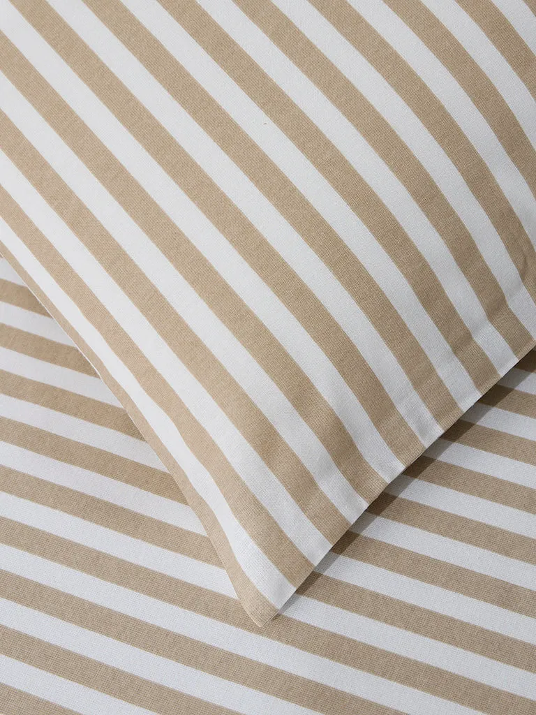 Westside Home Beige Stripe Printed Double Bed Flat Sheet and Pillowcase Set