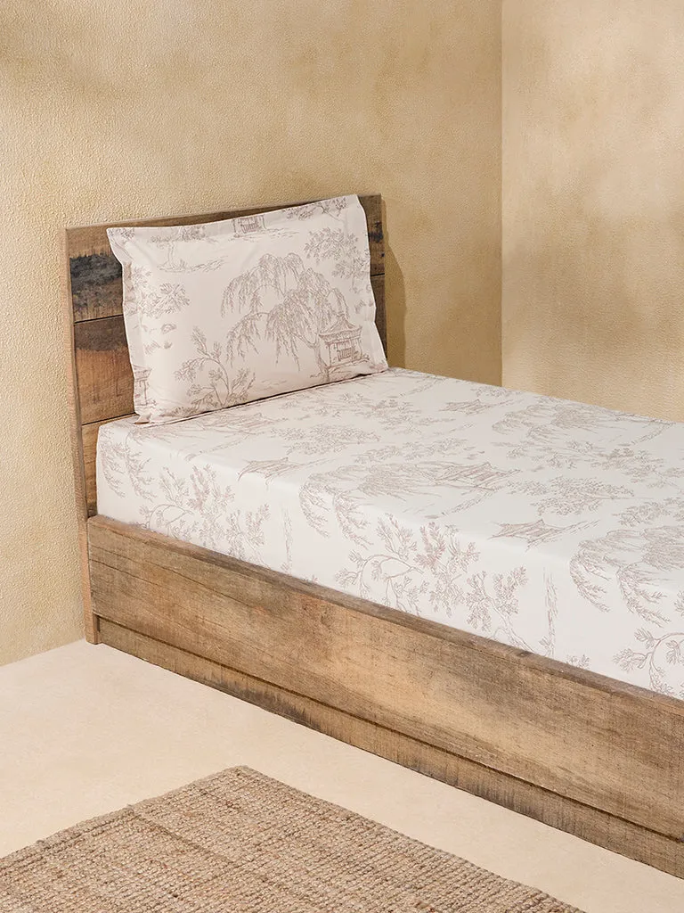 Westside Home Beige Toile Printed Single Bed Flat Sheet and Pillowcase Set