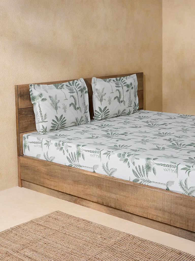 Westside Home Sage Botanical Design King Bed Fitted Sheet and Pillowcase Set