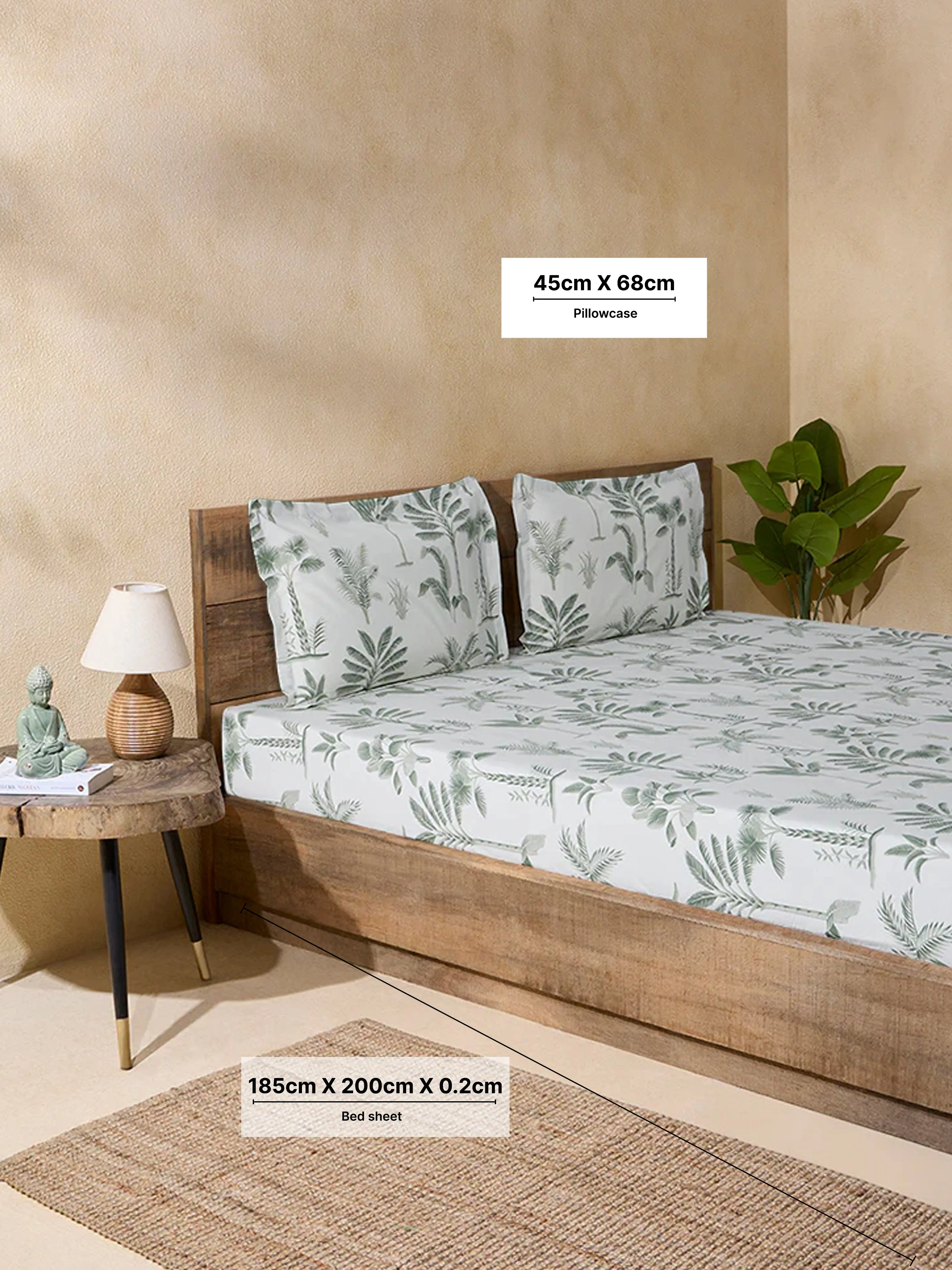 Westside Home Sage Botanical Design King Bed Fitted Sheet and Pillowcase Set