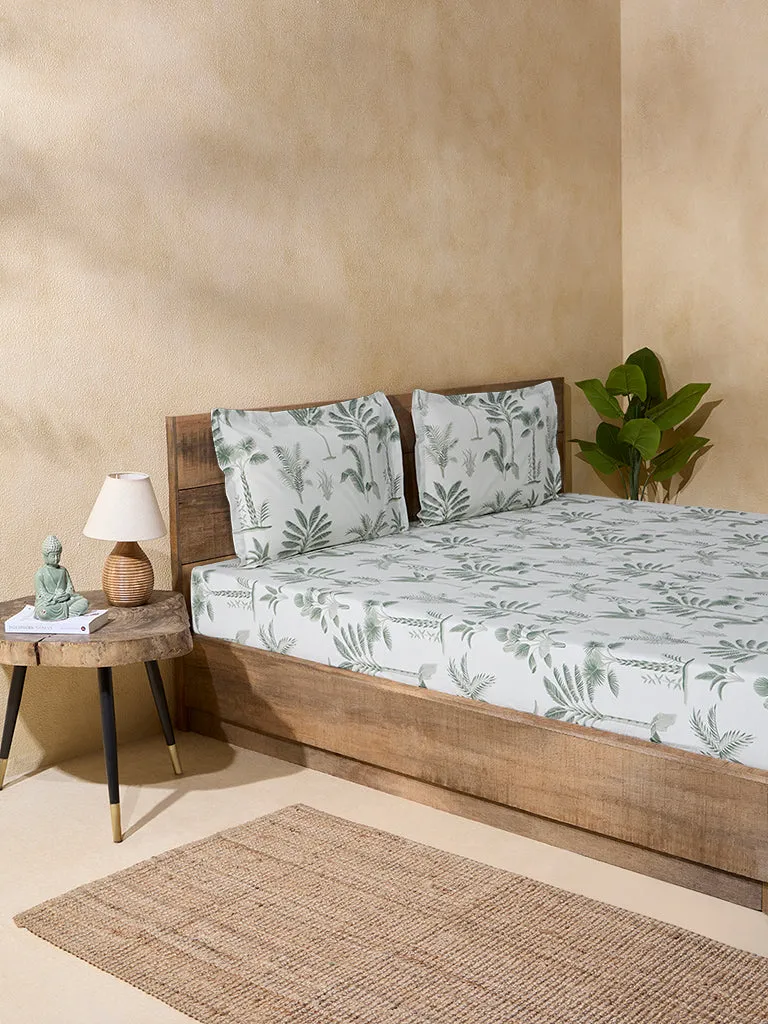 Westside Home Sage Botanical Design King Bed Fitted Sheet and Pillowcase Set