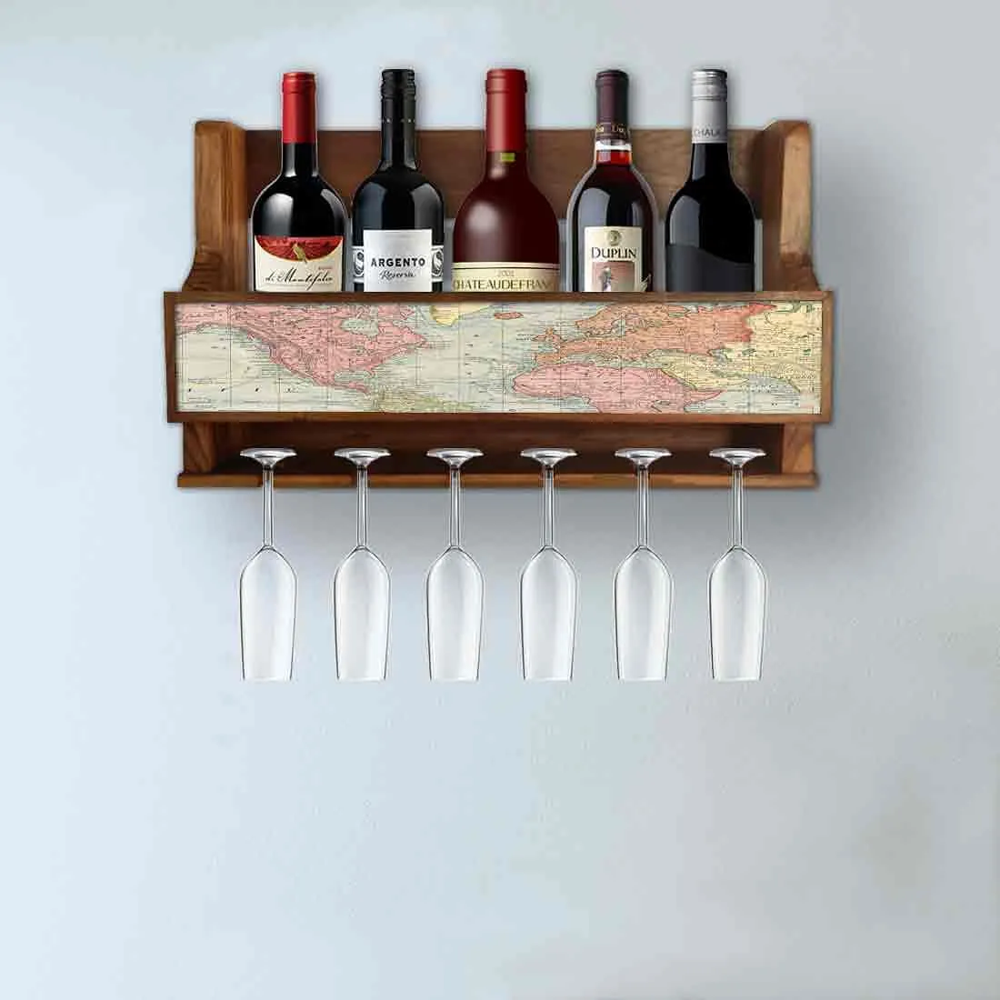 Wine Rack Wall Cabinet Wooden for Living Room - Stores 5 Bottles 6 Glasses