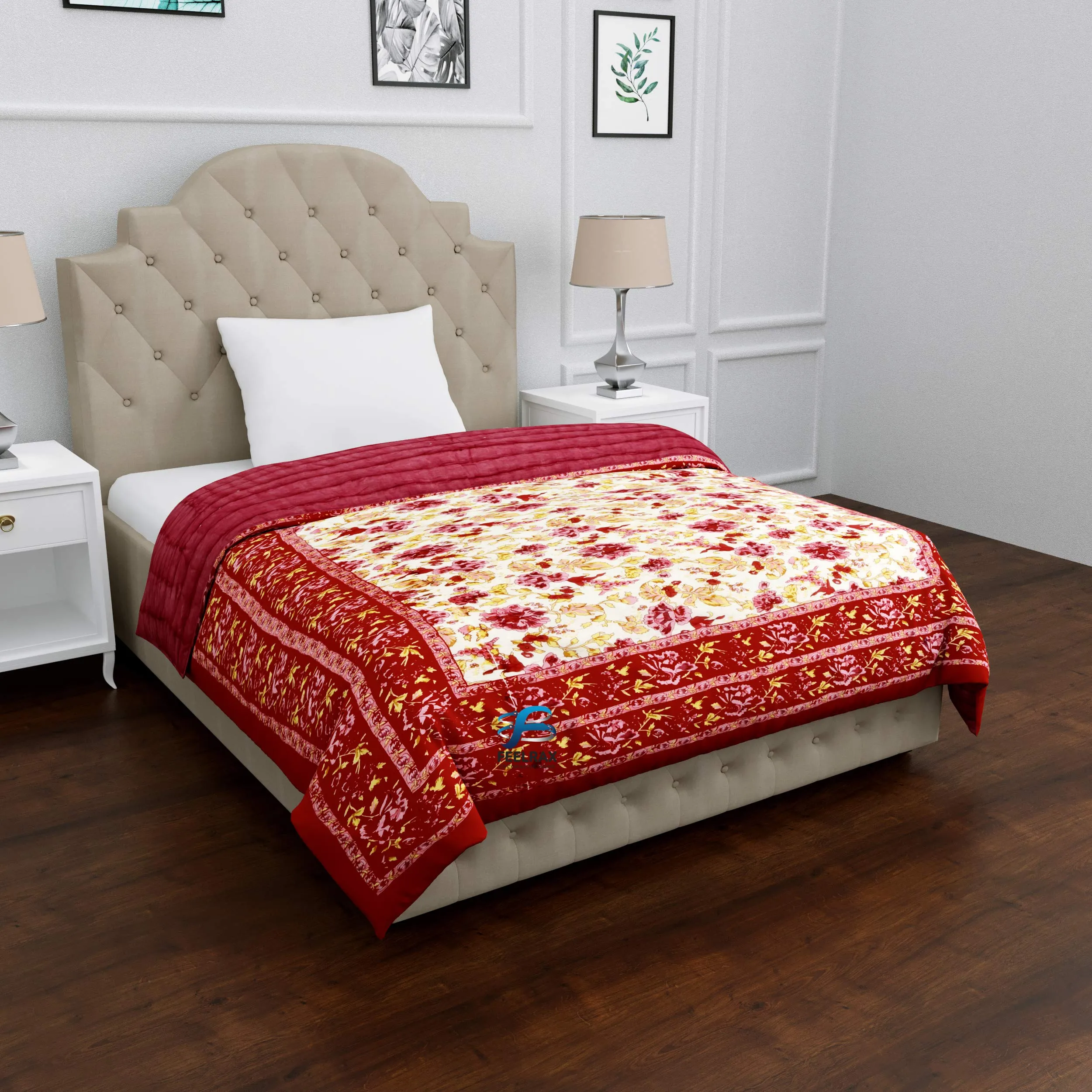 Woodsy Jaipuri Razai Rajasthani Traditional Soft Light Weight Pure Cotton Winter and Summer Rajai Ac Quilt Razai/Rajai/Quilt/Blanket/Dohar/Comforter/Jaipur (Single Bed, Pink Flower)