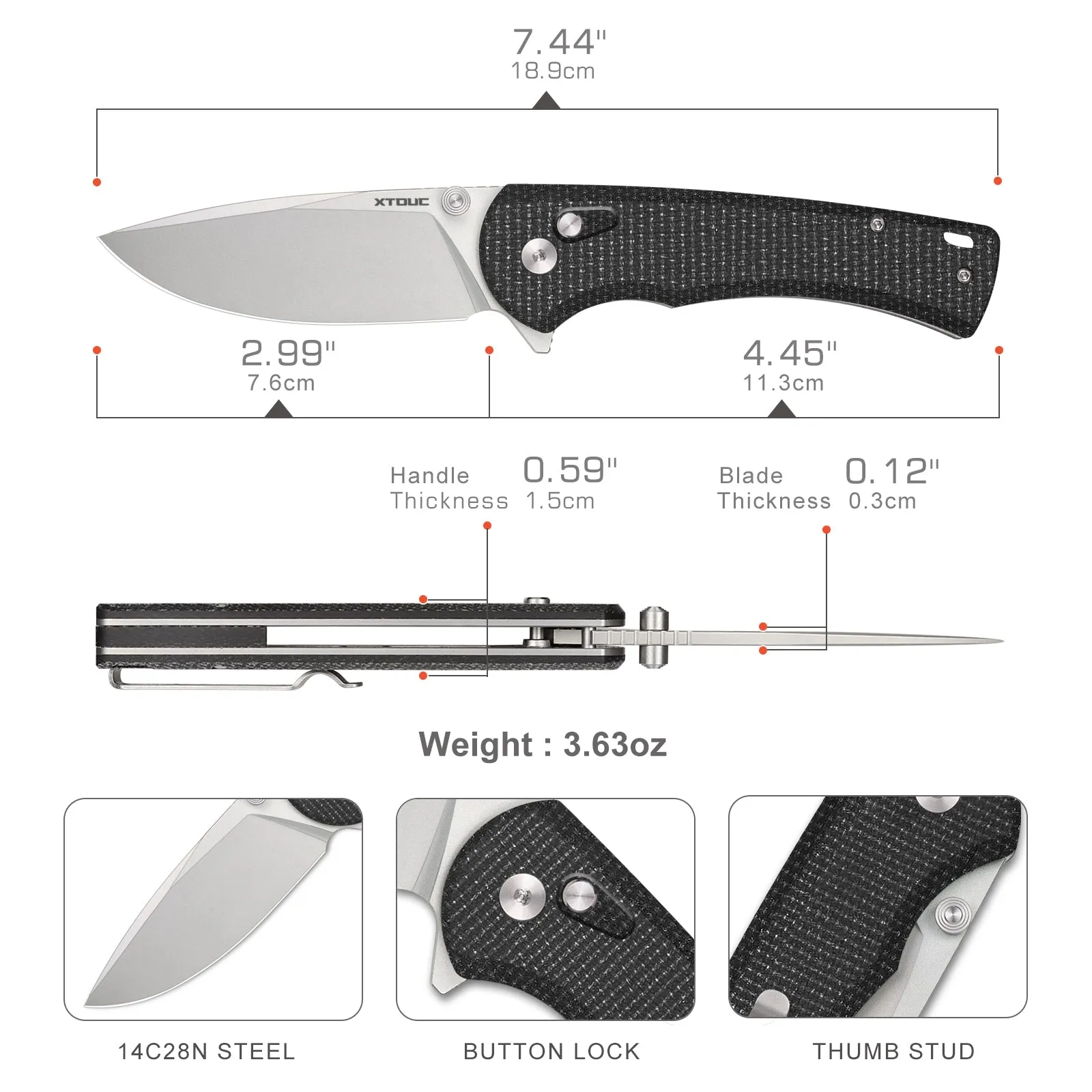 XTOUC Folding Pocket Knife 2.99" 14C28N Steel Blade Micarta Handle Button Lock Knife SX604