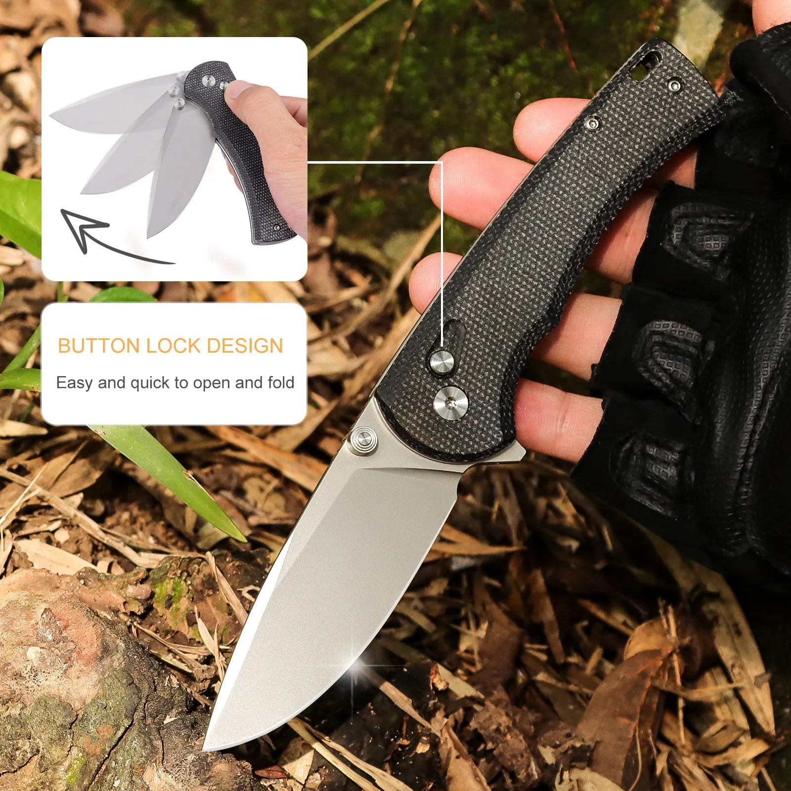 XTOUC Folding Pocket Knife 2.99" 14C28N Steel Blade Micarta Handle Button Lock Knife SX604