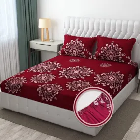 YaAkholic Elastic Fitted King Size Bedsheet with 2 Pillow Cover | Elastic bedsheets (Maroon Rangoli - King Size 78" x 72"