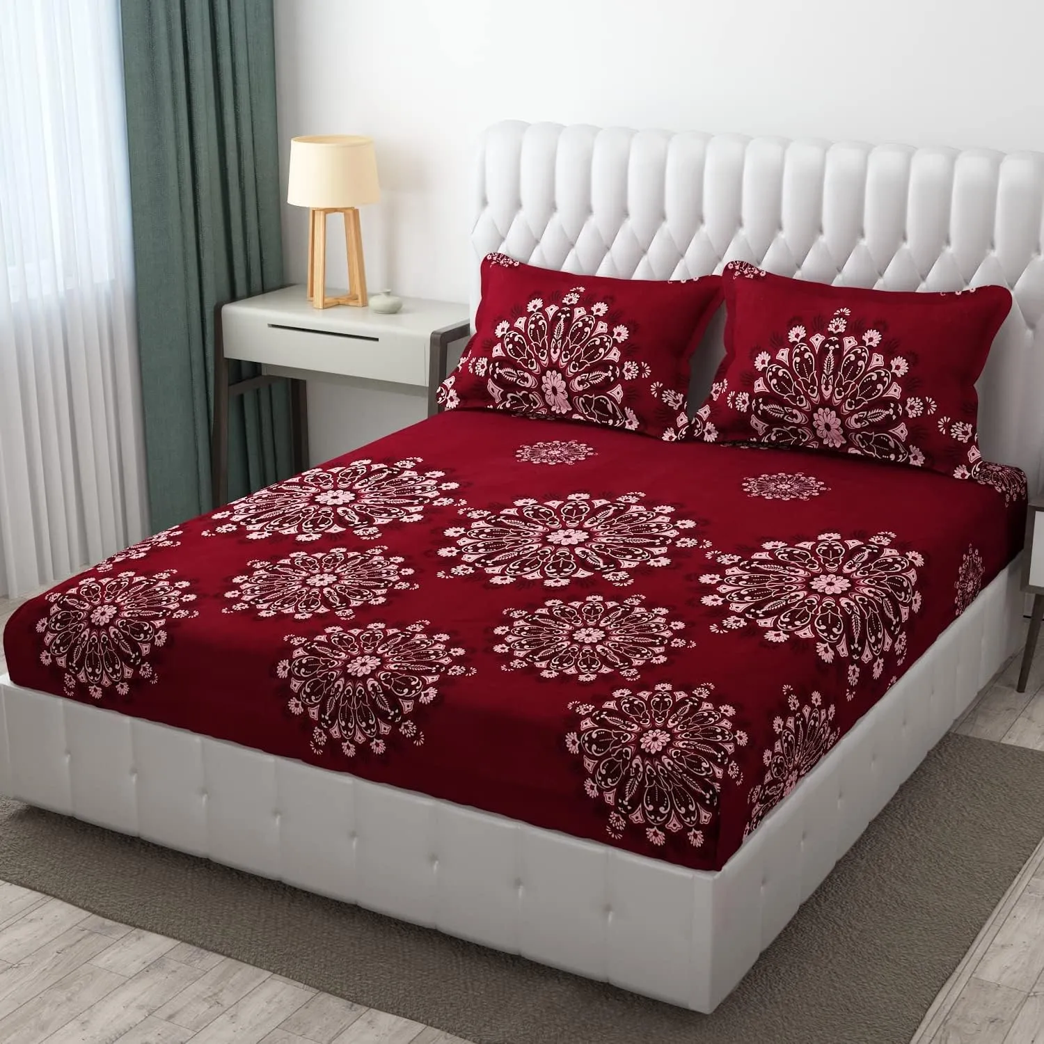 YaAkholic Elastic Fitted King Size Bedsheet with 2 Pillow Cover | Elastic bedsheets (Maroon Rangoli - King Size 78" x 72"